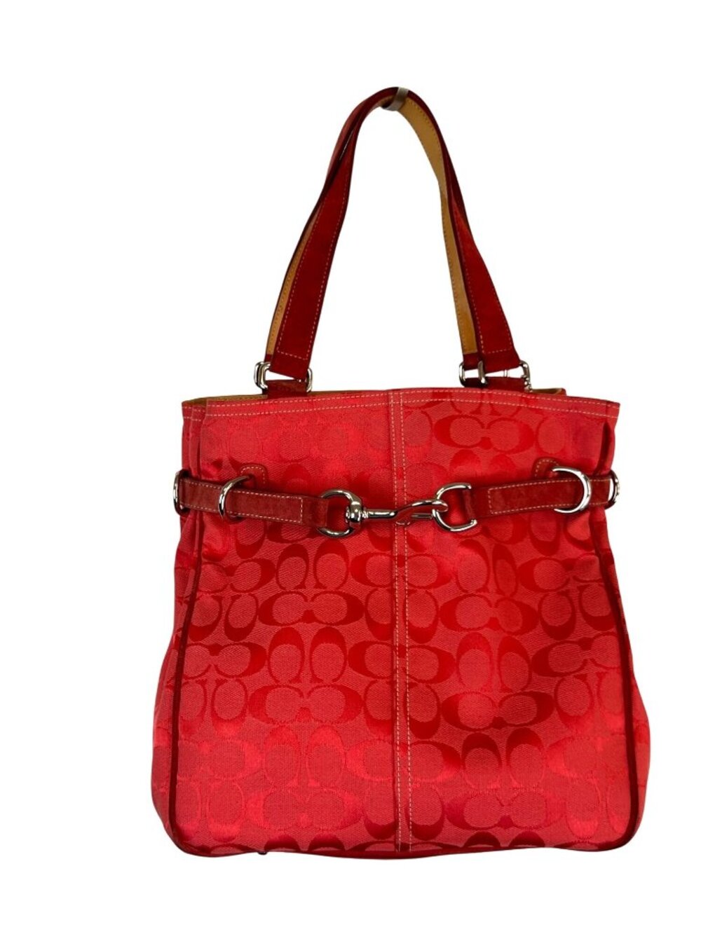 Coach LTD Signature C Belted Canvas Purse Satchel Carryall Tote Bag Red Tan